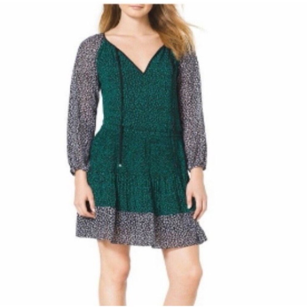 Michael By Michael Kors Green‎ Floral Mini Dress Size M Teal Black Tie Neckline